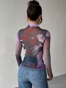 Allurite 女士扎染印花透视立领性感长袖衬衫 - 淺灰紫 - 查看 2