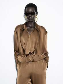 Lumivelle Women's Solid Satin Long Sleeve Drawstring Waist Shirt + Casual Wide Leg Pants 2-Piece Set Brown Satin Brown Set Women - Brown - View 5