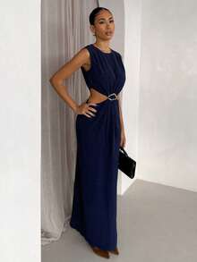 SHEIN Glamour Women's Fashionable Solid Color Sleeveless Dress - Blue - View 2