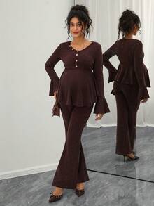 Momance 2pcs Maternity Ruffle Trim Button Split Crew Neck Long Sleeve Top And Flare Leg Pants Set - Brown - View 6