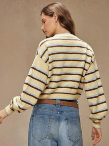 WESTFADE Áo len cardigan cổ tròn kẻ sọc nhiều màu, cài nút phía trước, tay dài, dáng rộng, mùa thu, trở lại trường, mùa thu, mùa đông, áo boho dễ thương thường ngày, hòa nhạc đồng quê, trang phục miền Tây dành cho nữ - Vàng nhạt - Xem 2