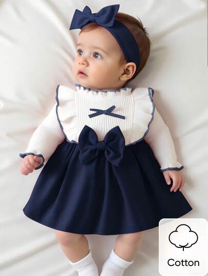 Vestido de niña recién nacida de manga larga blanco con cuello de encaje, parches rosas y lazo. Elegante, retro y lindo para otoño e invierno, de tela cómoda.