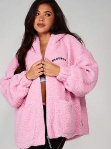 Missguided x Playboy Women Sherpa Fleece Zip Up Jacket With Hood And Front Pockets Logo Fall Winter Outerwear Oversized - Pink - View 5