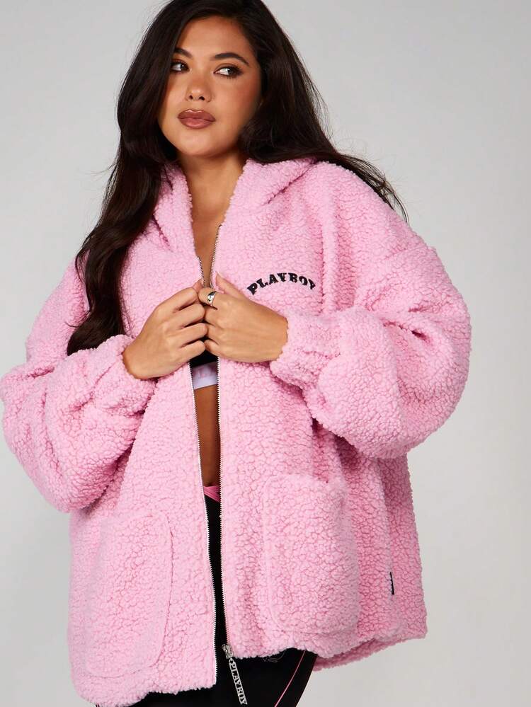 Missguided x Playboy Women Sherpa Fleece Zip Up Jacket With Hood And Front Pockets Logo Fall Winter Outerwear Oversized
