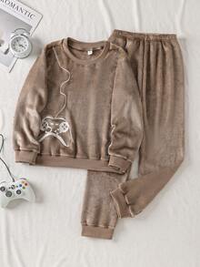 2pcs/Set Boys Plush Green Casual Loose Soft Long Sleeve Top And Pants Pajama Set Boys Lounge Set