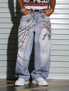 PAVTROS Jeans rectos con estampado digital 3D falso de moda para hombres - Azul - Ver 6