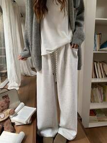 K-Vae Quần ống rộng đơn sắc thường ngày dành cho nữ, màu xám nhạt - Màu Xám nhạt - Xem 1