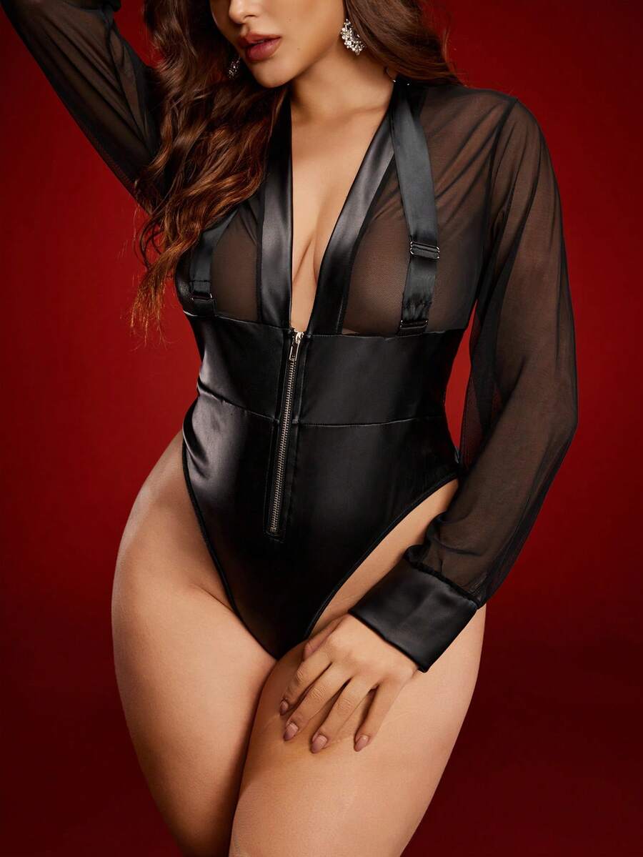 EmpressEnvy 加大码黑色长袖仿皮连体裤，性感成熟优雅网眼拉链情侣装，适合节日约会 - 黑色 - 查看 1