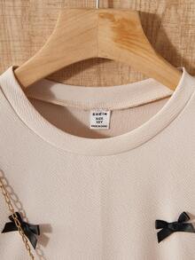 1件装少女3D蝴蝶结装饰短袖褶皱连衣裙，宽松版型，适合春夏、假日、夏季、旅行穿着。 - 杏色 - 查看 3