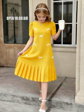1pc Tween Girls' 3D Bow Decor Short Sleeve Pleated Dress, Loose Fit, Spring/Summer,Holiday,Summer,Travel