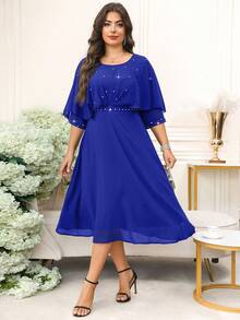 SHEIN Clasi Plus Size Women Solid Color Faux Pearl Decor Round Neck Short Sleeve Elegant Dress Fall - Royal Blue - View 9