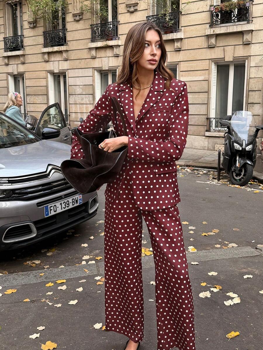 SHEIN PariChic 复古优雅棕色波点女士套装 - 高端质感修身单扣西装外套和垂坠感长裤，时尚百搭的两件套，适合日常通勤和盛大宴会等各种场合。 - 棕色 - 查看 1