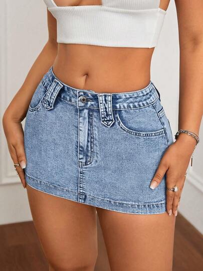 SHEIN ICON Women's Sexy Street Style Low Waist Washed Super Short Tight Denim Mini Skirt, Summer
