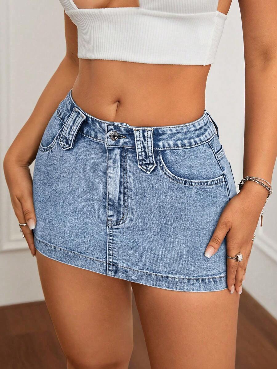 SHEIN ICON 女士性感街头风低腰水洗超短紧身牛仔迷你裙，夏季 - 淺色水洗藍 - 查看 1