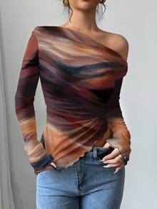 Firerie Casual Vintage Elegant Commuting Versatile Abstract Warm-Toned Sunset Print Pattern, Comfortable & Warm Suitable For Autumn/Winter, Asymmetrical Frill Trim, Flared Sleeves, Shoulder Pleats, Slim Fit Women Long Sleeve T-Shirt,Graphic Tees - Multicolor - View 5