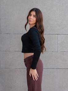 Hitanina 2pcs/Set Sexy Wide Neck Long Sleeve Form-Fitting T-Shirt - Black and White - View 6