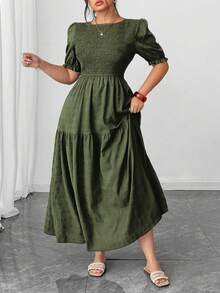 Elenzga Shien Holidaya 大码泡泡袖褶皱荷叶边连衣裙 - 軍綠色 - 查看 4