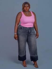 CurvyTilda سروال جينز واسع الساق عالي الخصر مغسول لقياسات كبيرة - رمادي - مشاهدة 6