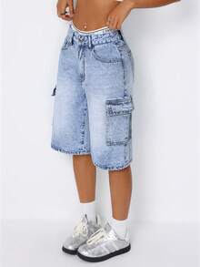 SHEIN Tall 中腰工装口袋破洞牛仔短裤 - 淺色水洗藍 - 查看 7