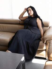 Truni Chân váy chữ A cạp chun rộng rãi, có viền xếp nếp cỡ lớn - màu đen - Xem 6