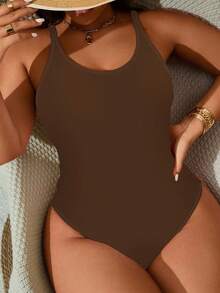 Swim Lushoire Baju Renang Terusan Ketat Leher Bulat Model Dasar Ukuran Plus - Coffee Brown - View 3