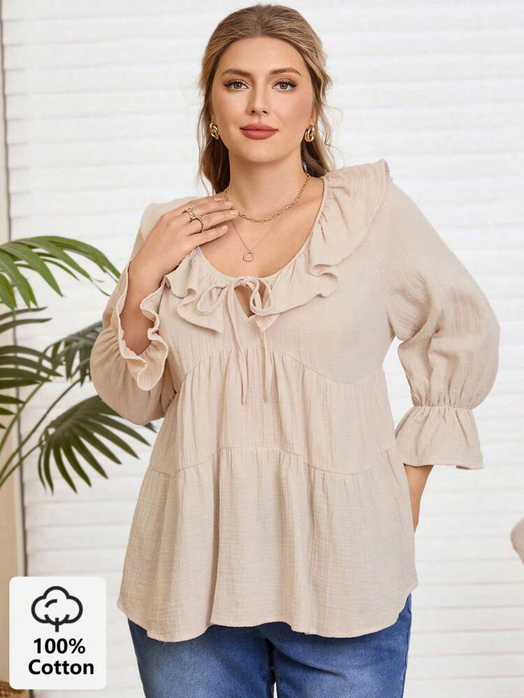 Plus Size Ruffle Collar Tie Front Long Sleeve Casual Blouse, Suitable For Spring And Autumn, Going Outs, 2025 New , Simple And Fashionable For Everyday Wear, Plus Size Winter , Comfortable And Breathable, Christmas For Women, New Year , Suitable For Multiple Occasions, Christmas, Date Nights Women, Thanksgiving For Women, Suitable For Valentine's Day