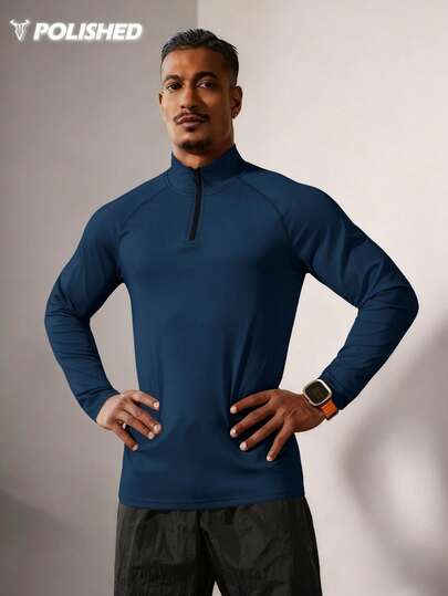 Manfinity Sport Polished قميص رياضي طويل الأكمام مصنوع من الأقمشة المحبوكة باللون الأزرق الكحلي مع طوق عالي للرجال، مناسب للتمارين الرياضية النشطة، قمصان ضاغطة للجيم من الأسبندكس ضيقة وملائمة