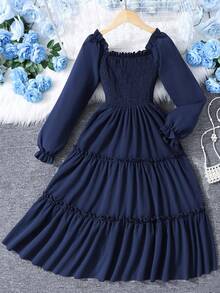 SHEIN Girls' Solid Color Square Neck Puff Sleeve Shirred Waist Ruffled Hem French Sweet Midi Dress