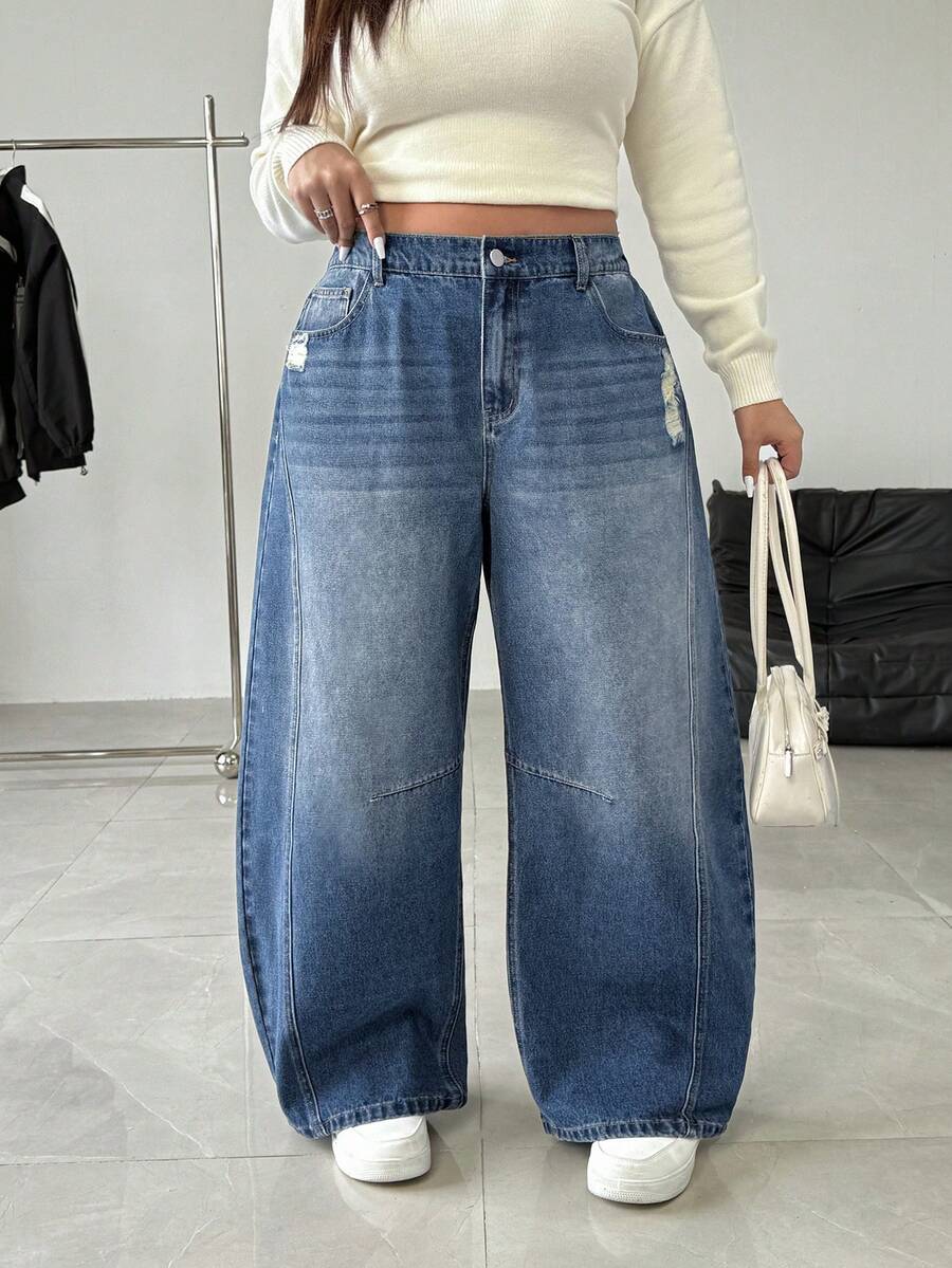 SHEIN EZwear Plus Size Women Vintage Blue Flared Jeans, High Waist Loose Fit Barrel Leg Jeans - Blue - View 1
