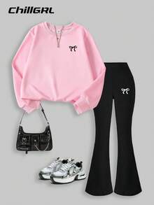 Tween Girl Bow Print Pink Crew Neck Sweatshirt & Black Flare Pants Set, Casual Fashionable Warm Hoodie - Multicolor - View 2