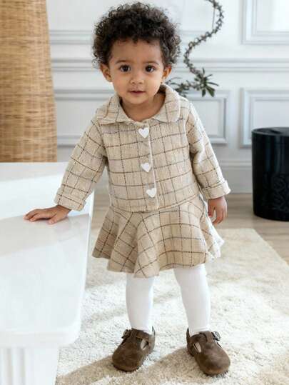SHEIN Ensemble veste à manches longues et robe sans manches minimaliste à carreaux pour tout-petites filles, pour les rassemblements familiaux de Noël