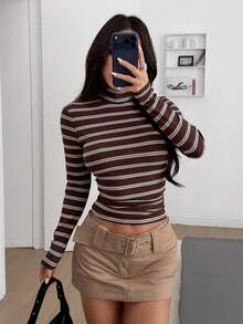 Muchica Camiseta de cuello alto de manga larga de punto ajustada con rayas marrones, básica para capas, nueva para otoño/invierno para mujer - Marrón - Ver 6