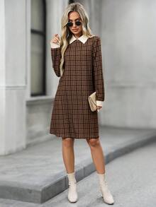 SHEIN LUNE 女士翻领格子长袖直筒休闲迷你连衣裙 - 棕色 - 查看 5