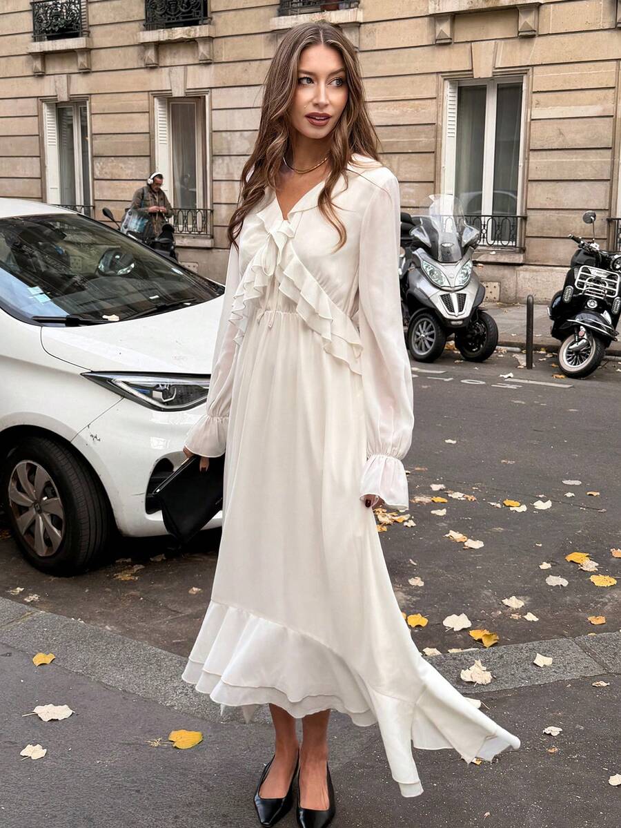Pariaura Autumn New Arrival: French Elegant White Chiffon Dress With Layered Ruffles, V-Neck Tie Detail, Waist-Defining Silhouette, Long Sleeves With Flared Cuffs– A Long-Length Fairy Dress Exuding Timeless Grace White Elegant Dress Long Sleeve White Dress Boho White Dress White Silk Dress French Style Dress - White - View 1