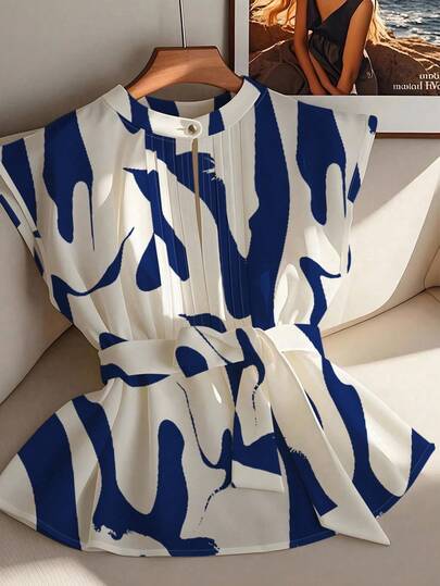 Franclia Elegant Stand Collar Pleat Detail Belted Casual Office Shirt