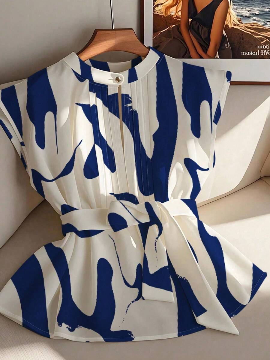 Franclia Elegant Stand Collar Pleat Detail Belted Casual Office Shirt