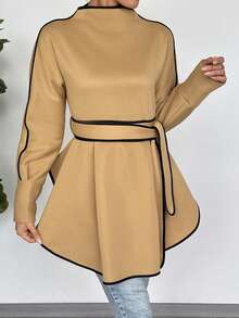 EMERY ROSE Camicia elegante oversize con colletto a contrasto di colore unito - Cachi - Visualizzare 4