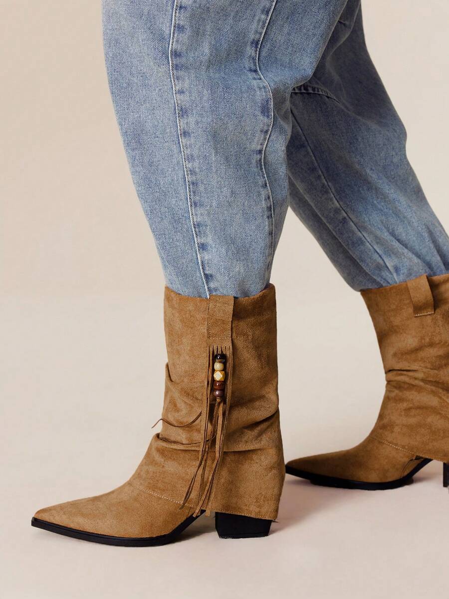 Styleloop Vintage Western Style Pointed Toe Chunky Heel Ankle Boots For Christmas - Brown - View 1