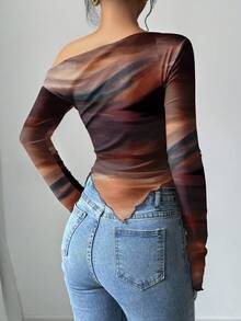 Firerie Casual Vintage Elegant Commuting Versatile Abstract Warm-Toned Sunset Print Pattern, Comfortable & Warm Suitable For Autumn/Winter, Asymmetrical Frill Trim, Flared Sleeves, Shoulder Pleats, Slim Fit Women Long Sleeve T-Shirt,Graphic Tees - Multicolor - View 2