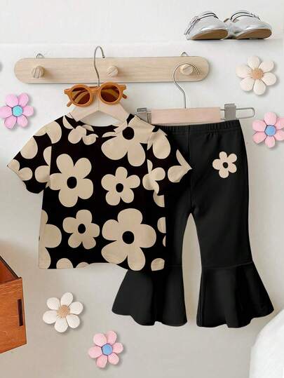 SHEIN 1 Set Baby Girls Casual Fashionable Cute Floral Print Round Neck Short Sleeve T-Shirt And Flare Pants Outfit, Black