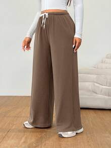 Solflare Plus Size Women Brown Loose Fit Flared Leg Casual Pants With Thermal Lining, Autumn/Winter,Christmas,New Year,Thanksgiving,Party,Wedding,Beach,Graduati,Chic,Elegant,Casual,Going Out,Date,Appointment,Commute - Brown - View 5