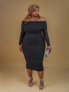 CurvyTilda Tildaharris Plus Off Shoulder Ruched Mesh Bodycon Dress, For Hourglass Body Shape - Black - View 3