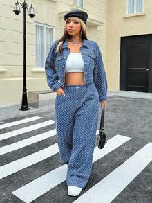 SHEIN ICON Jaket Denim Rajut Kasual Ukuran Besar untuk Wanita, Musim Gugur/Musim Dingin - Medium Wash - View 4