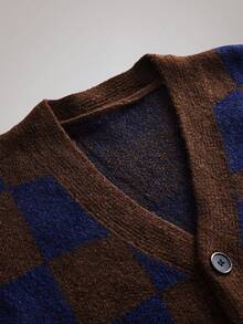 Officeau 男女皆宜的休闲宽松格纹无袖纽扣开襟毛衣，适合春、秋、冬三季穿着。 - 棕色 - 查看 3