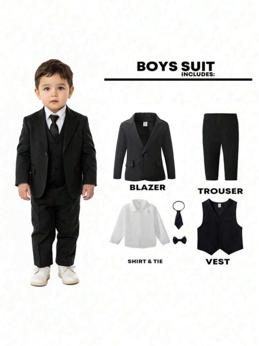 6pcs Baby Boy Formal Suit Set, Including Light White Long Sleeve Shirt, Black Tie & Bow Tie, Matching Vest, Jacket And Pants. The Light White Shirt Looks Especially Elegant In The All-Black Suit, Making The Whole Outfit Look Neat And Fashionable, Suitable For Holiday Events, Formal Occasions, Weddings, Wedding Guests, Ring Bearers, Groomsmen, Back To School Season - Multicolor - View 1
