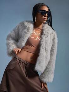 GENKIRA 女士仿毛皮连帽休闲外套，黑灰混色，时尚别致 - 淺灰色 - 查看 6