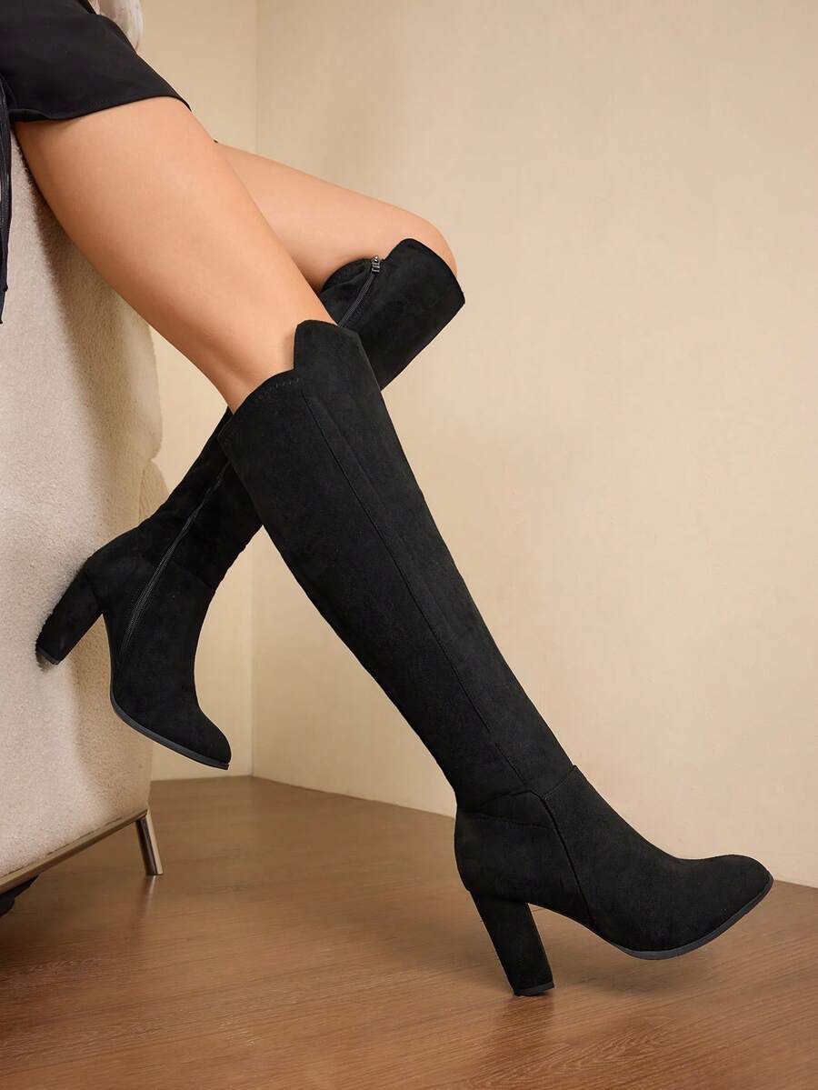 Daringsoles 女士纯色侧拉链时尚高跟过膝靴，适合秋冬季