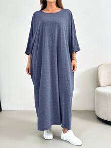 SHEIN Essnce Plus Size Women Spring And Summer Fashion Casual Loose Comfortable Daily Basic Slim Gray Three-Quarter Sleeve Long Dress,Simple Style ,Plus Size Dress,Church Dress Women,Going Out Outfits Batwing Sleeve Dress Lounge Dress - Dusty Blue - View 3