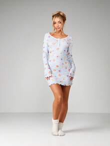 MISSGUIDED Cute Breakfast Food Print Button Front Long Sleeve Mini Sleep Dress With Scoop Neckline And Lettuce Edge Hem For Casual Loungewear - Multicolor - View 5