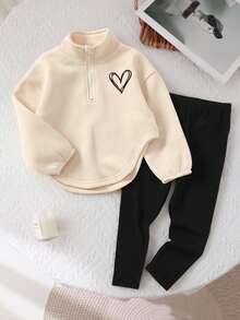 SHEIN 女童可爱字母印花立领蓬松上衣和松紧腰长裤套装 - 黑與白 - 查看 7